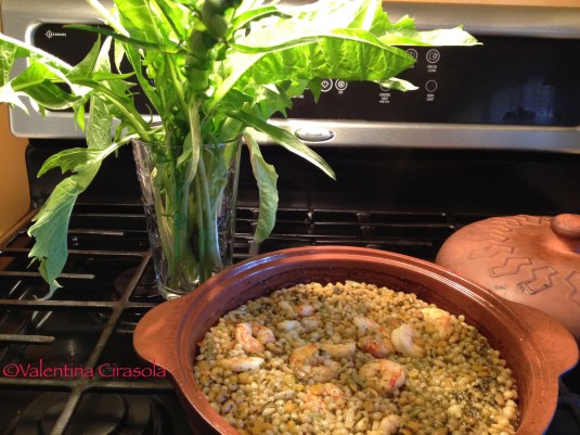 Shrimps with Fregola and Dandelion